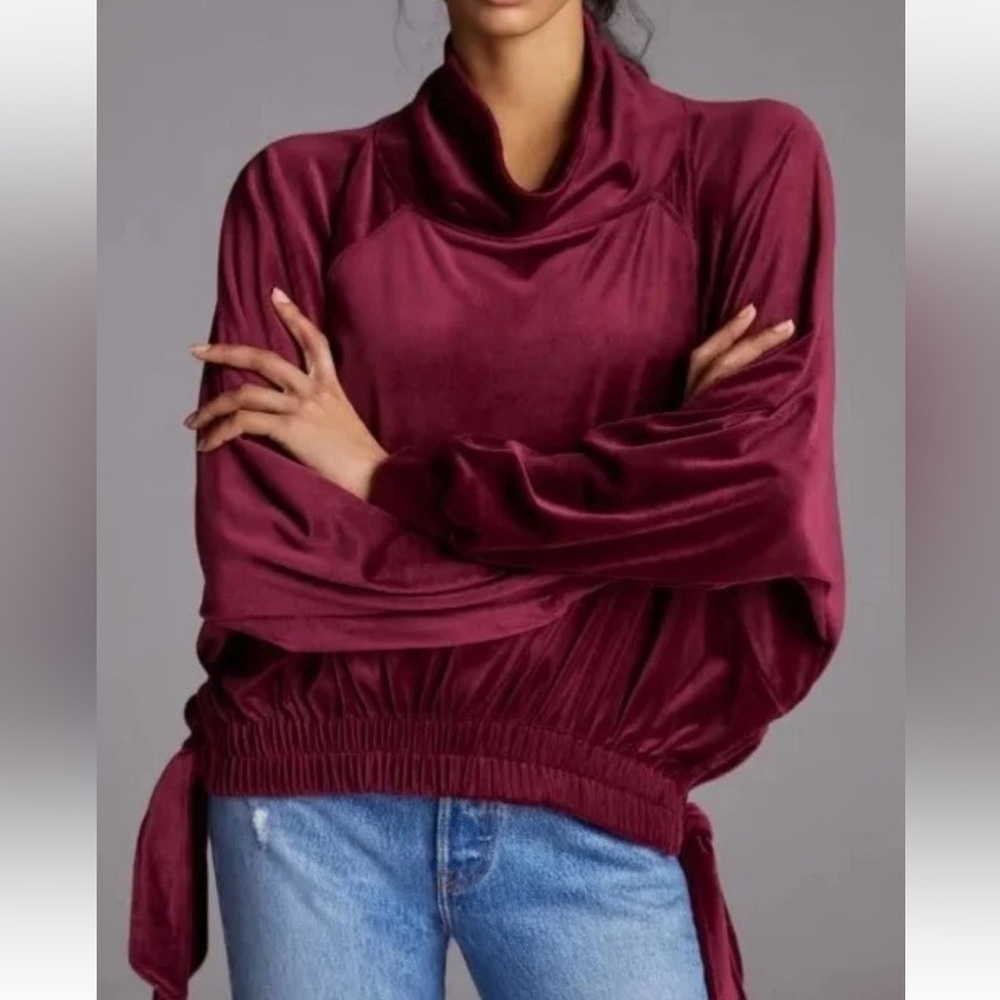 ANTHROPOLOGIE DAILY PRACTICE MAROON VELOUR OVERSIZED PULLOVER SIZE MEDIUM